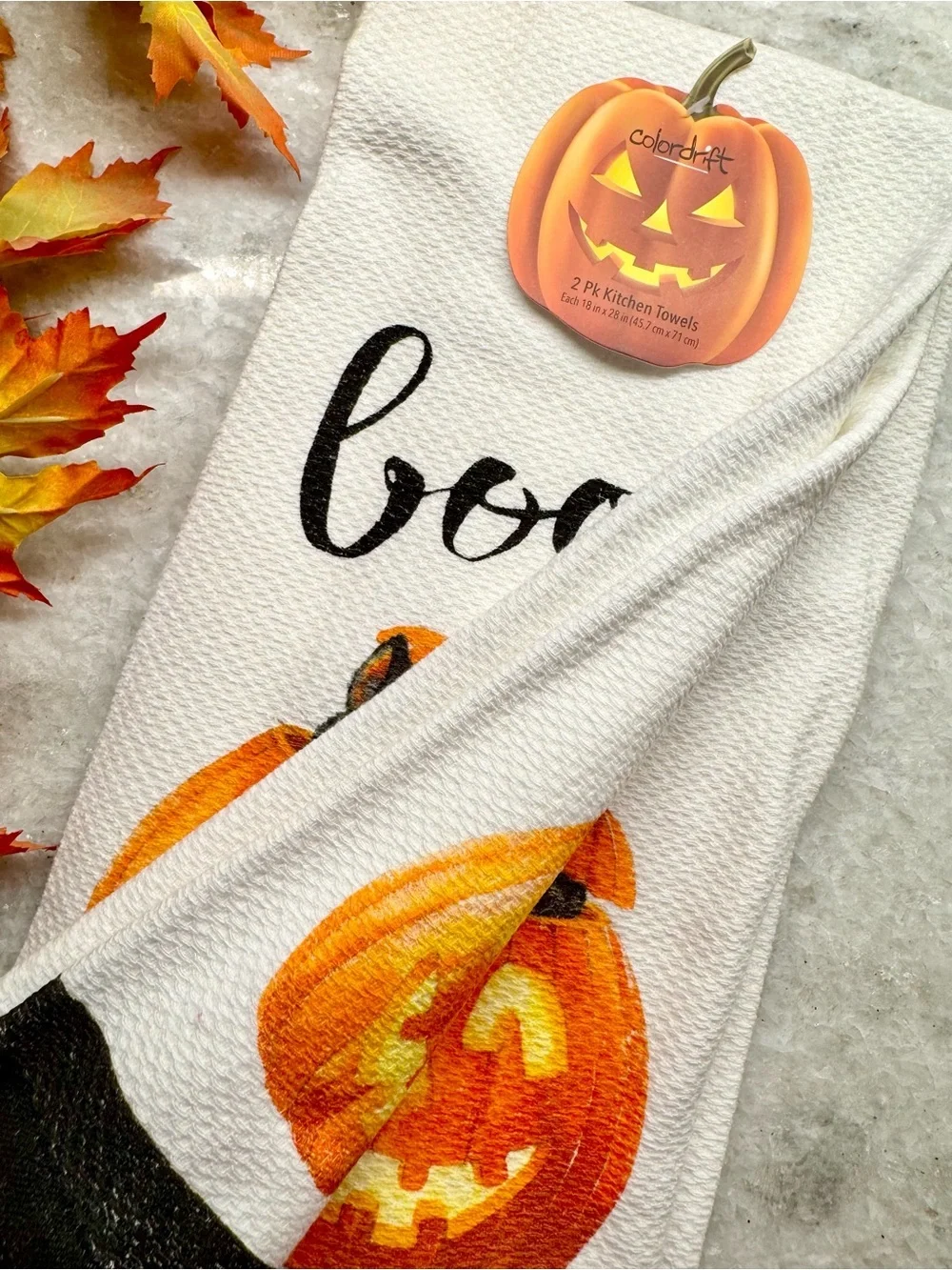 New Adorable Halloween Pumpkin & Black Cat BOO Kitchen Hand Towels Set of 2